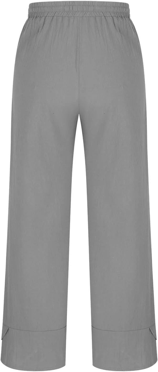 Women's Linen Wide Leg Pants High Waisted Loose Beach Palazzo Pants Summer Drawstring Cropped Trouser with Pockets