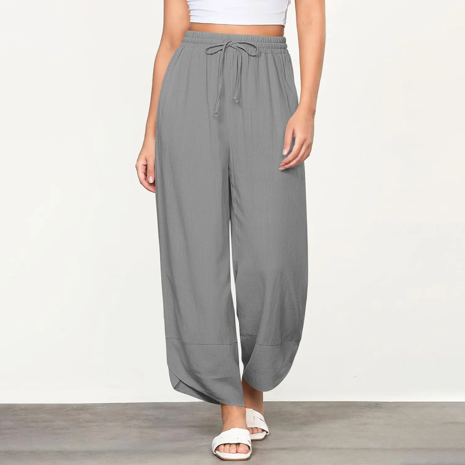 Women's Linen Wide Leg Pants High Waisted Loose Beach Palazzo Pants Summer Drawstring Cropped Trouser with Pockets