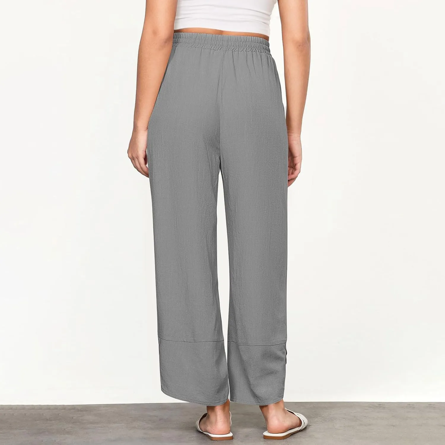 Women's Linen Wide Leg Pants High Waisted Loose Beach Palazzo Pants Summer Drawstring Cropped Trouser with Pockets