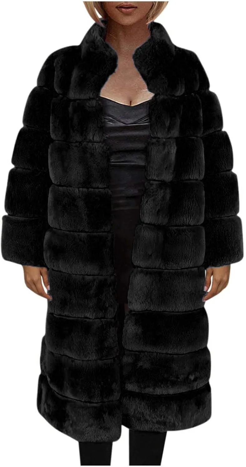 Womens Luxury Faux Fur Coats Winter Long Cardigan Vintage Fuzzy Warm Jacket Oversized Soft Solid Open Front Overcoat