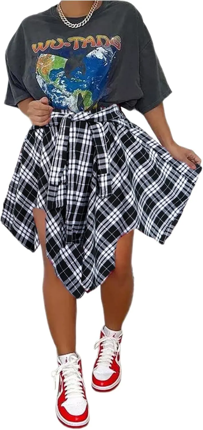 Women's Plaid Skorts Skirts - High Waisted Tie Front Pleated Summer Asymmetrical Skirt with Shorts