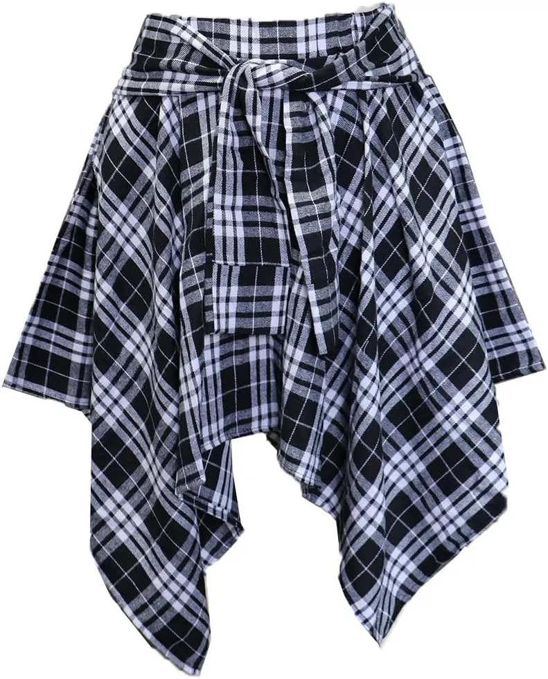 Women's Plaid Skorts Skirts - High Waisted Tie Front Pleated Summer Asymmetrical Skirt with Shorts