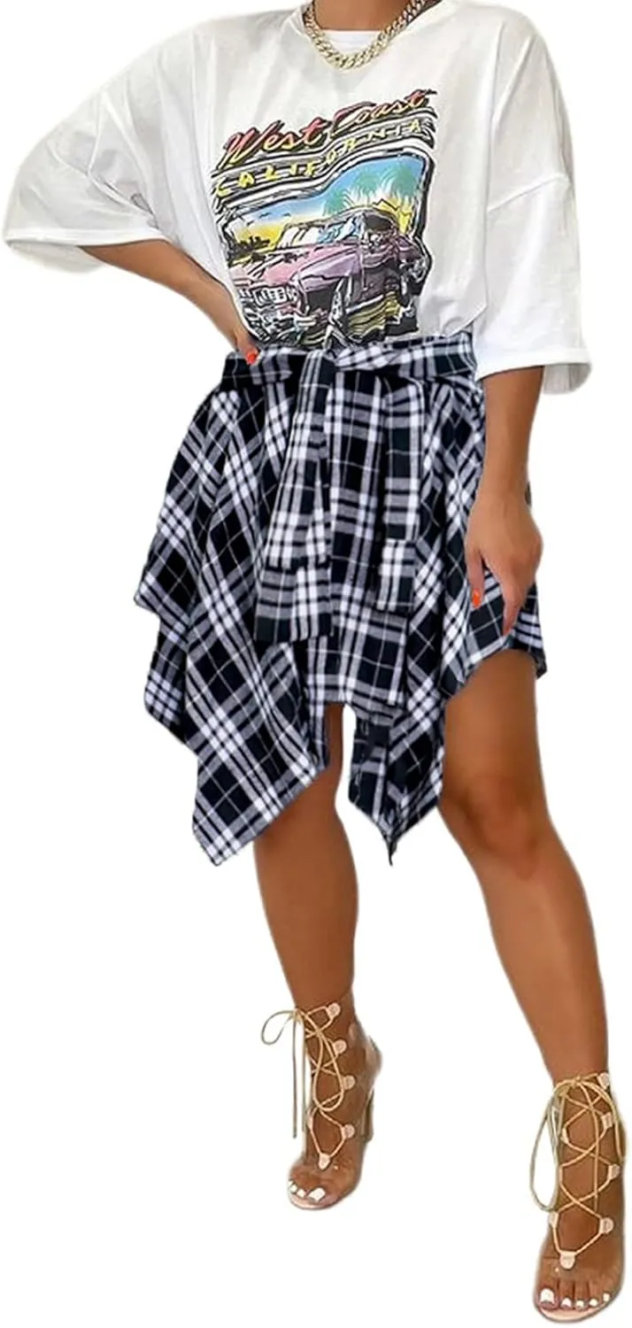 Women's Plaid Skorts Skirts - High Waisted Tie Front Pleated Summer Asymmetrical Skirt with Shorts