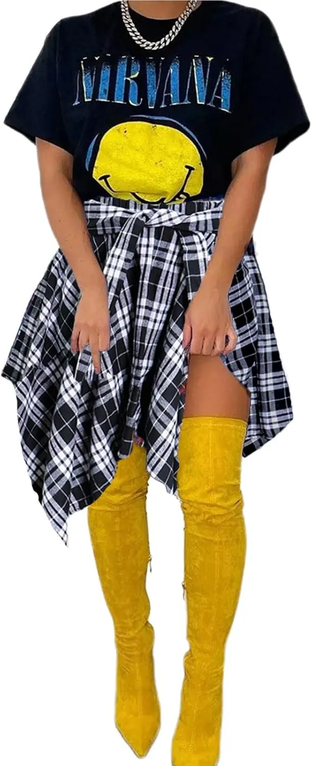 Women's Plaid Skorts Skirts - High Waisted Tie Front Pleated Summer Asymmetrical Skirt with Shorts