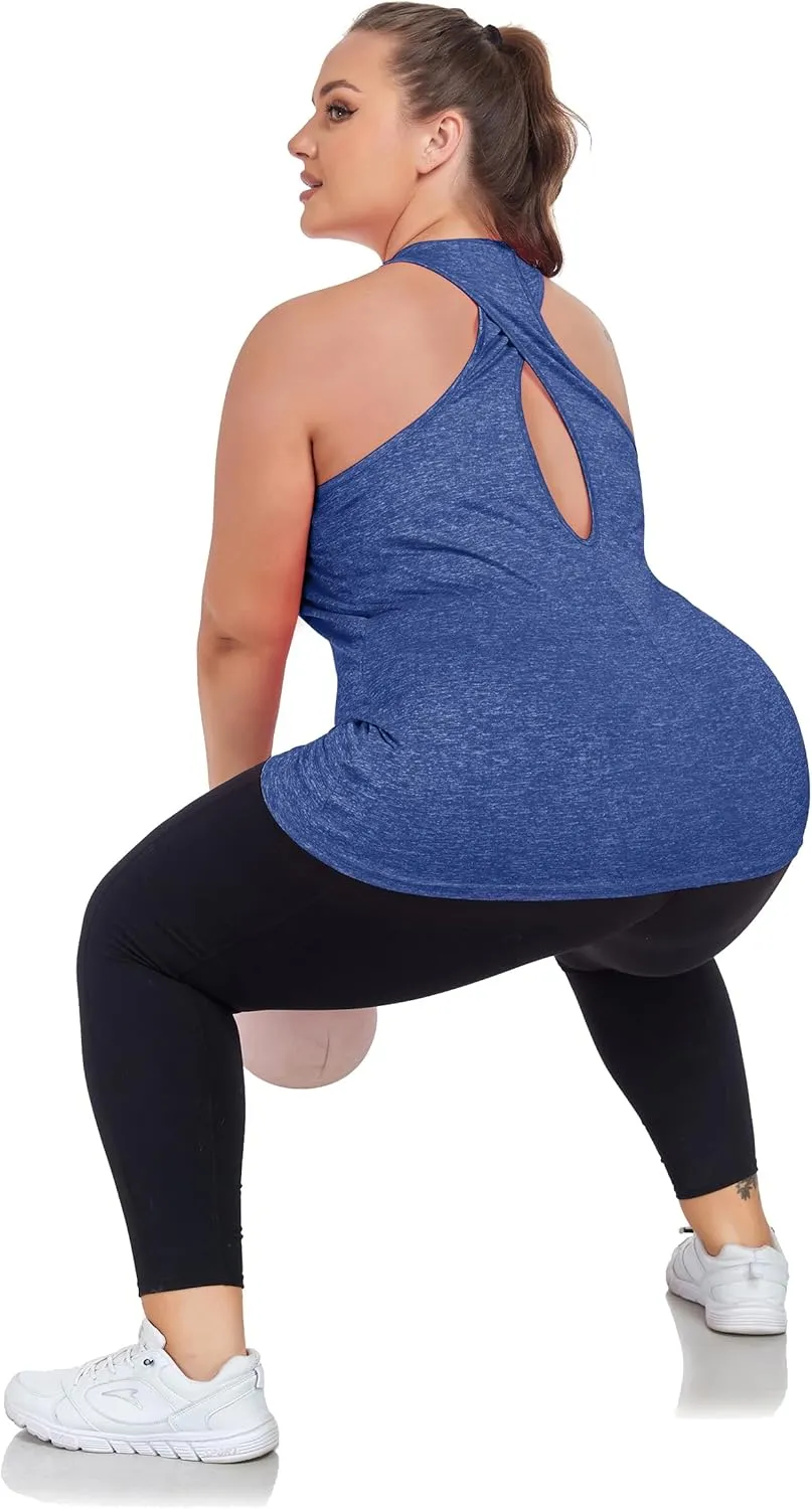 Women's Plus Size Athletic Tank Tops Cross Backless Racerback Workout Yoga Running Sleevelss Shirts