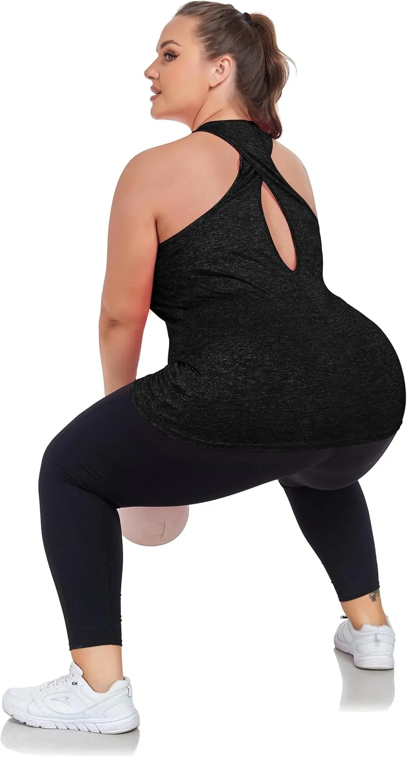 Women's Plus Size Athletic Tank Tops Cross Backless Racerback Workout Yoga Running Sleevelss Shirts