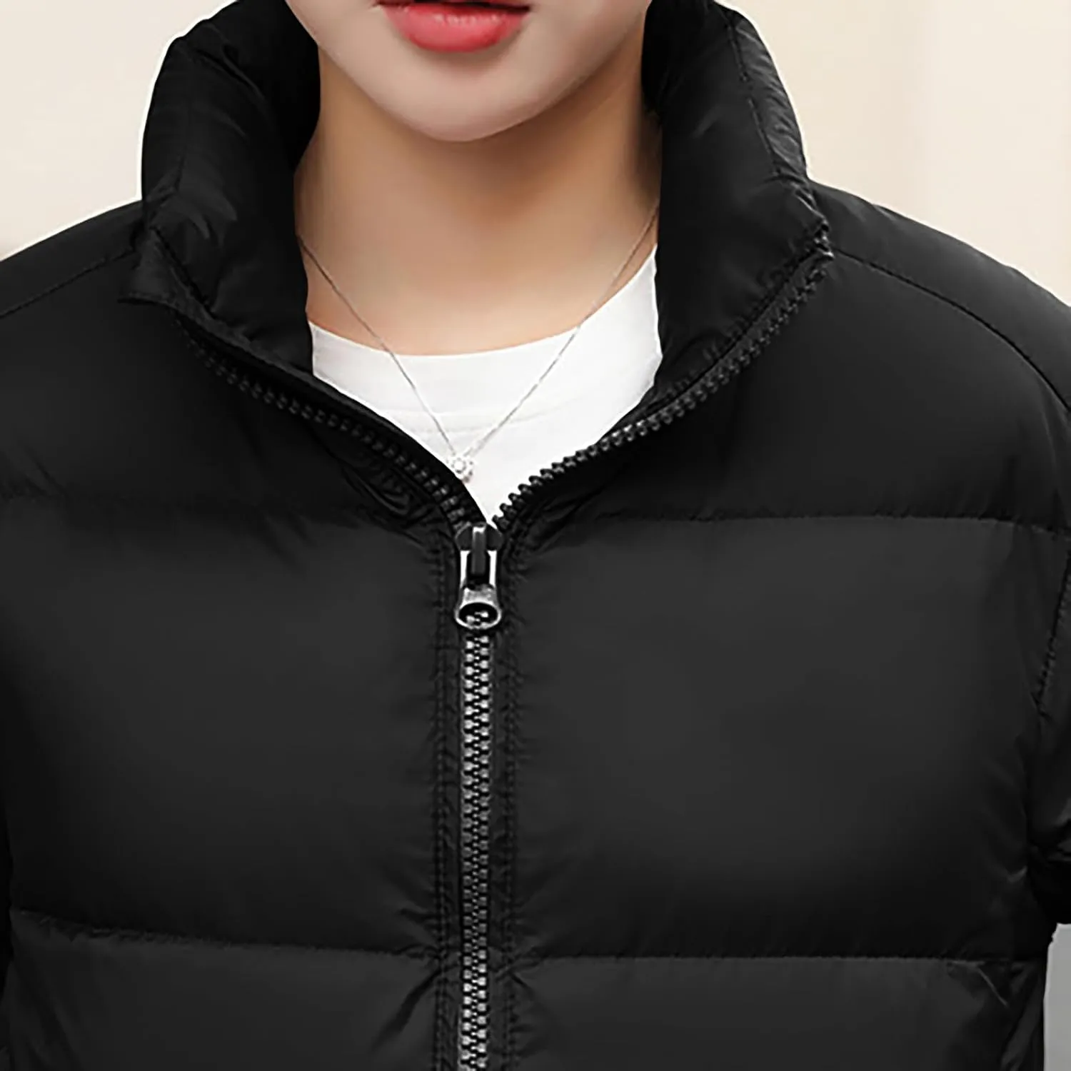 Women's Quilted Puffer Jacket Warm Cotton Padded Down Coat Winter Full Zip Stand Collar Short Pockets Bubble Outerwear