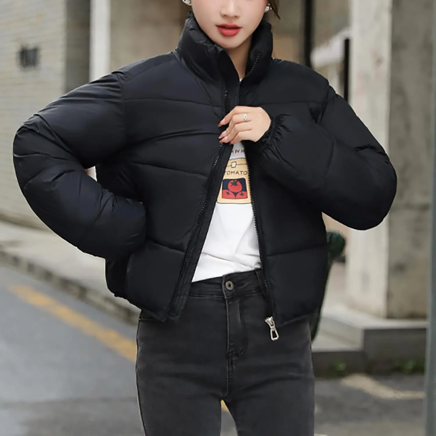 Women's Quilted Puffer Jacket Warm Cotton Padded Down Coat Winter Full Zip Stand Collar Short Pockets Bubble Outerwear