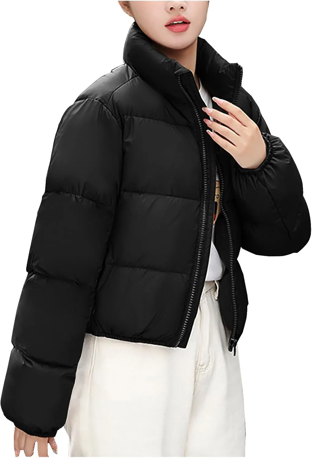 Women's Quilted Puffer Jacket Warm Cotton Padded Down Coat Winter Full Zip Stand Collar Short Pockets Bubble Outerwear