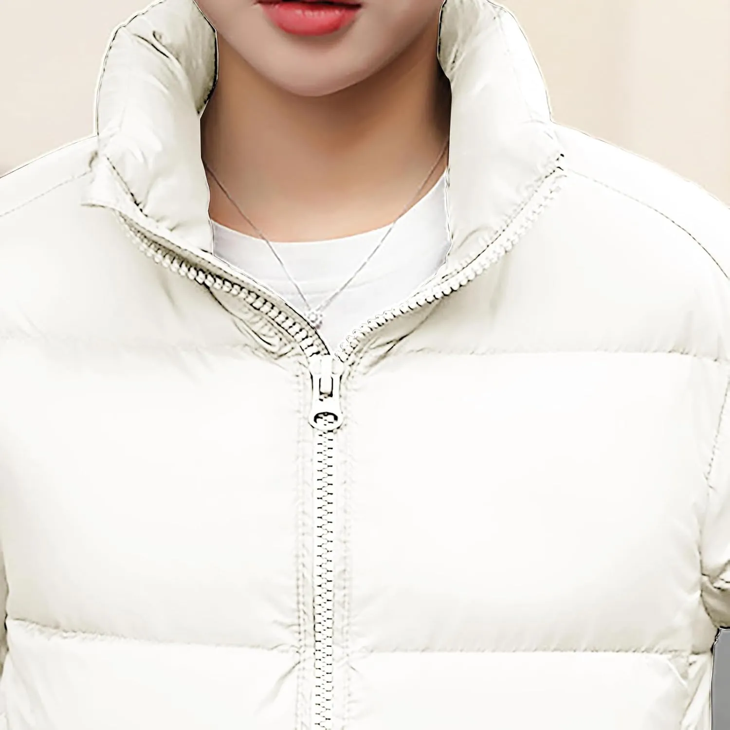 Women's Quilted Puffer Jacket Warm Cotton Padded Down Coat Winter Full Zip Stand Collar Short Pockets Bubble Outerwear