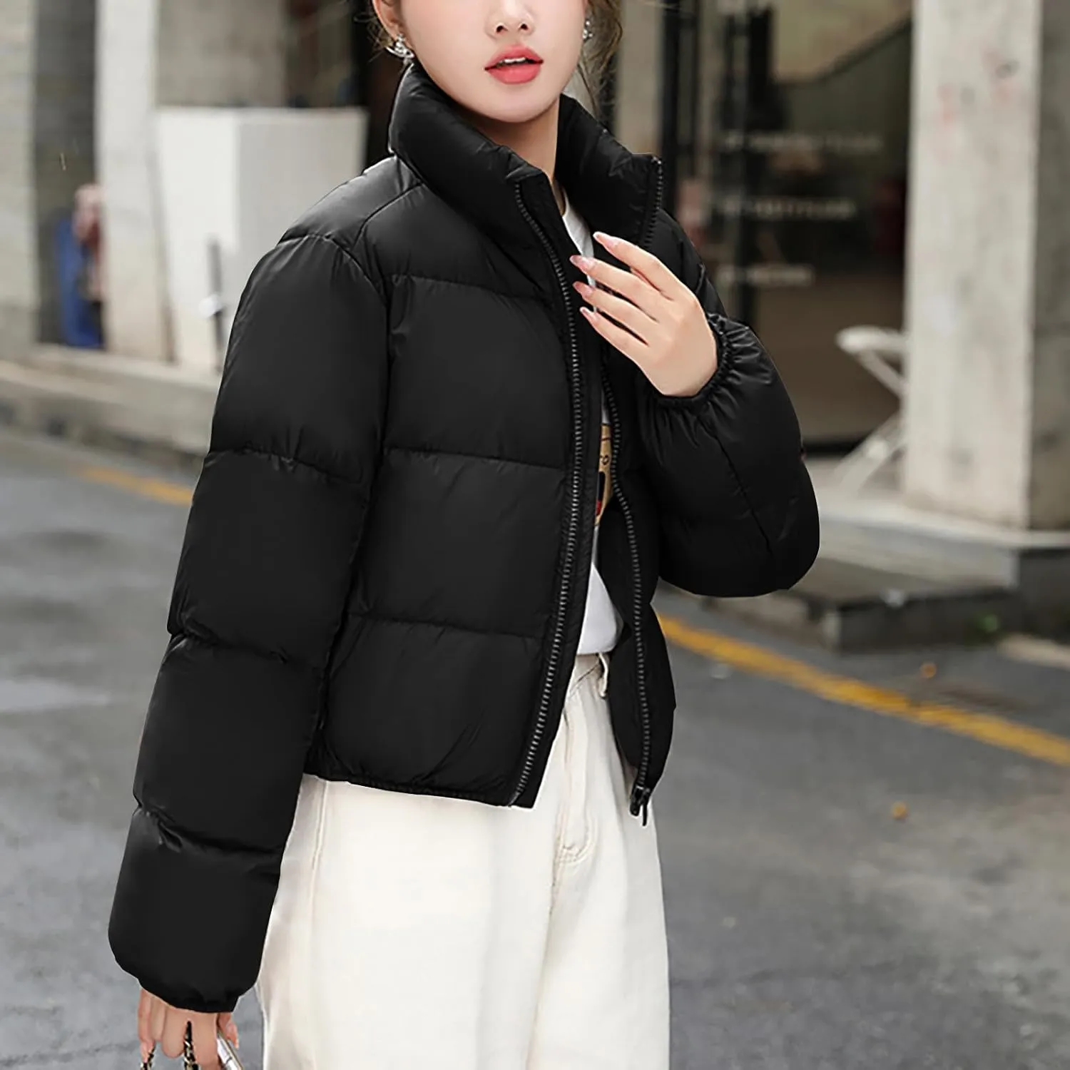 Women's Quilted Puffer Jacket Warm Cotton Padded Down Coat Winter Full Zip Stand Collar Short Pockets Bubble Outerwear