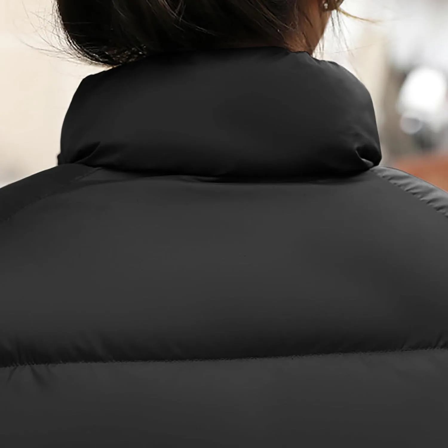 Women's Quilted Puffer Jacket Warm Cotton Padded Down Coat Winter Full Zip Stand Collar Short Pockets Bubble Outerwear