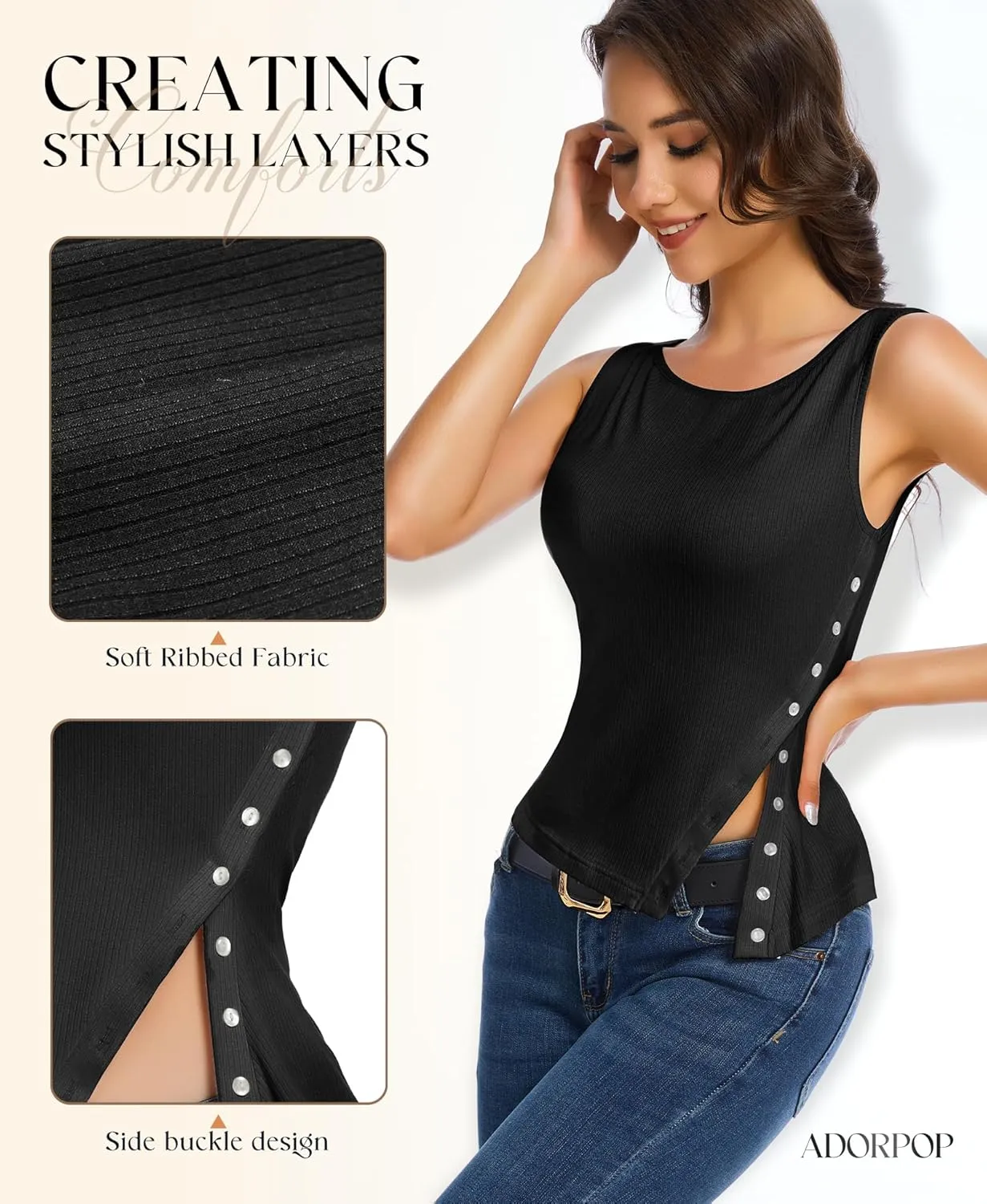 Womens Ribbed Tank Tops - 2025 Summer Sleeveless Vest Crew Neck Side Button Asymmetrical Casual Basic Shirts