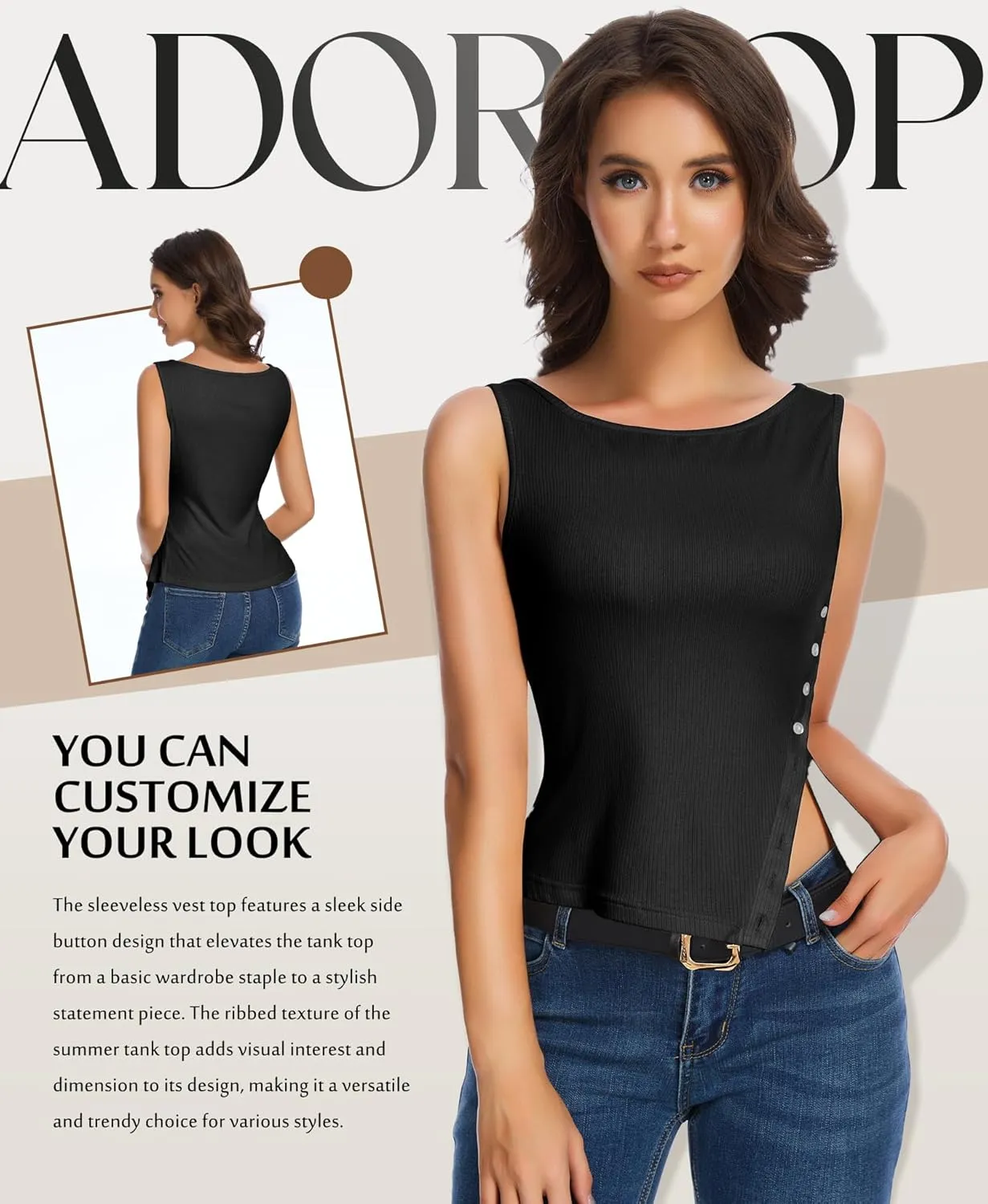 Womens Ribbed Tank Tops - 2025 Summer Sleeveless Vest Crew Neck Side Button Asymmetrical Casual Basic Shirts