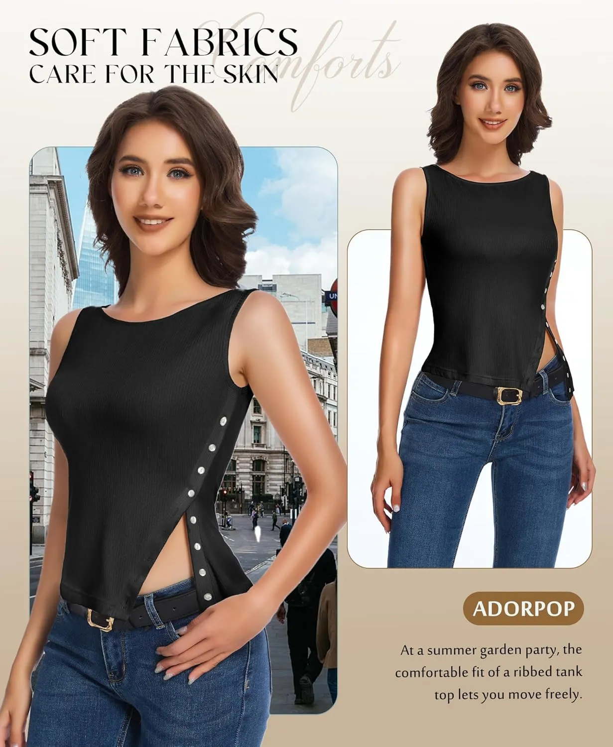 Womens Ribbed Tank Tops - 2025 Summer Sleeveless Vest Crew Neck Side Button Asymmetrical Casual Basic Shirts