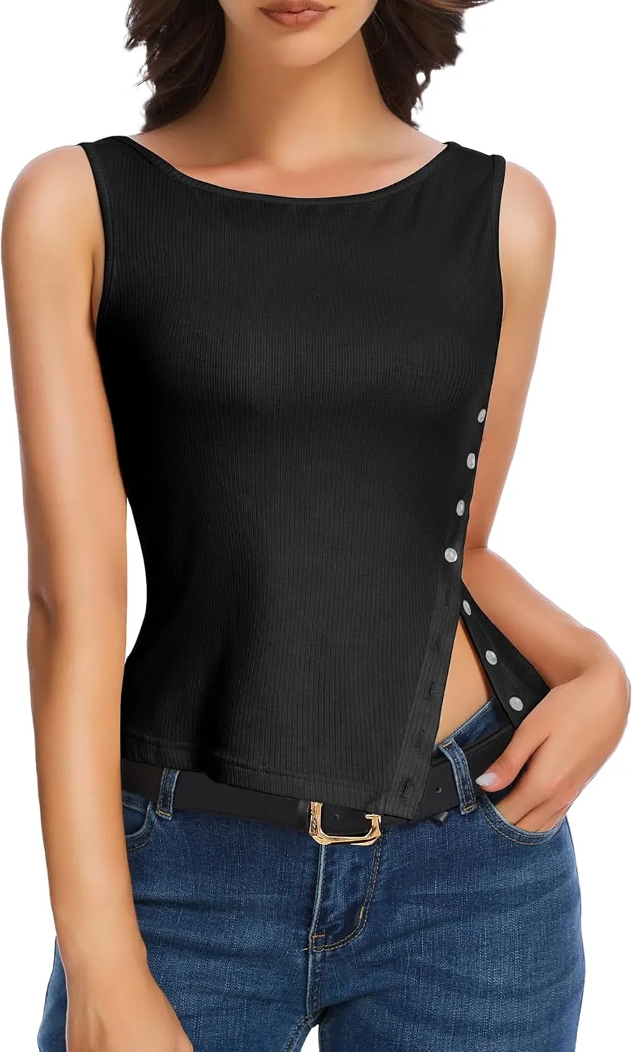 Womens Ribbed Tank Tops - 2025 Summer Sleeveless Vest Crew Neck Side Button Asymmetrical Casual Basic Shirts