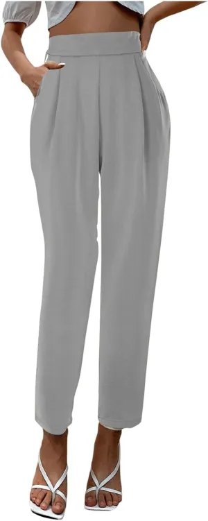 Women's Satin High Waist Pants Casual Pleated Loose Business Trousers Straight Leg Office Slacks Pants with Pockets