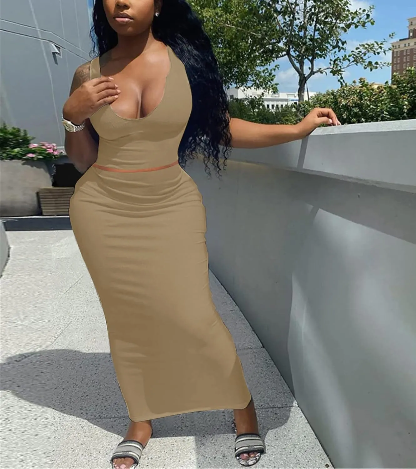 Womens Sexy Summer Scoop Neck Ribbed 2 Piece Outfits Dress Crop Tank Top Maxi Long Skirt Set Beach Party Dress