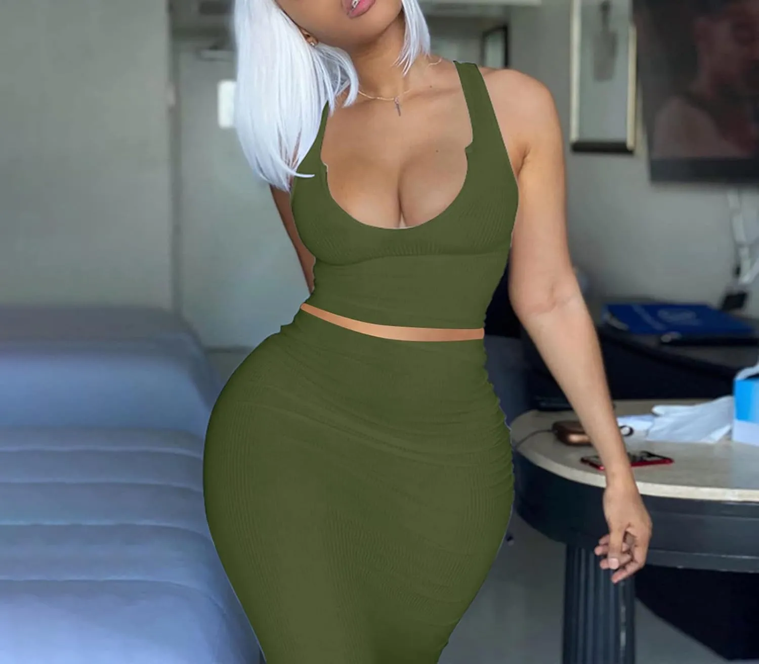 Womens Sexy Summer Scoop Neck Ribbed 2 Piece Outfits Dress Crop Tank Top Maxi Long Skirt Set Beach Party Dress