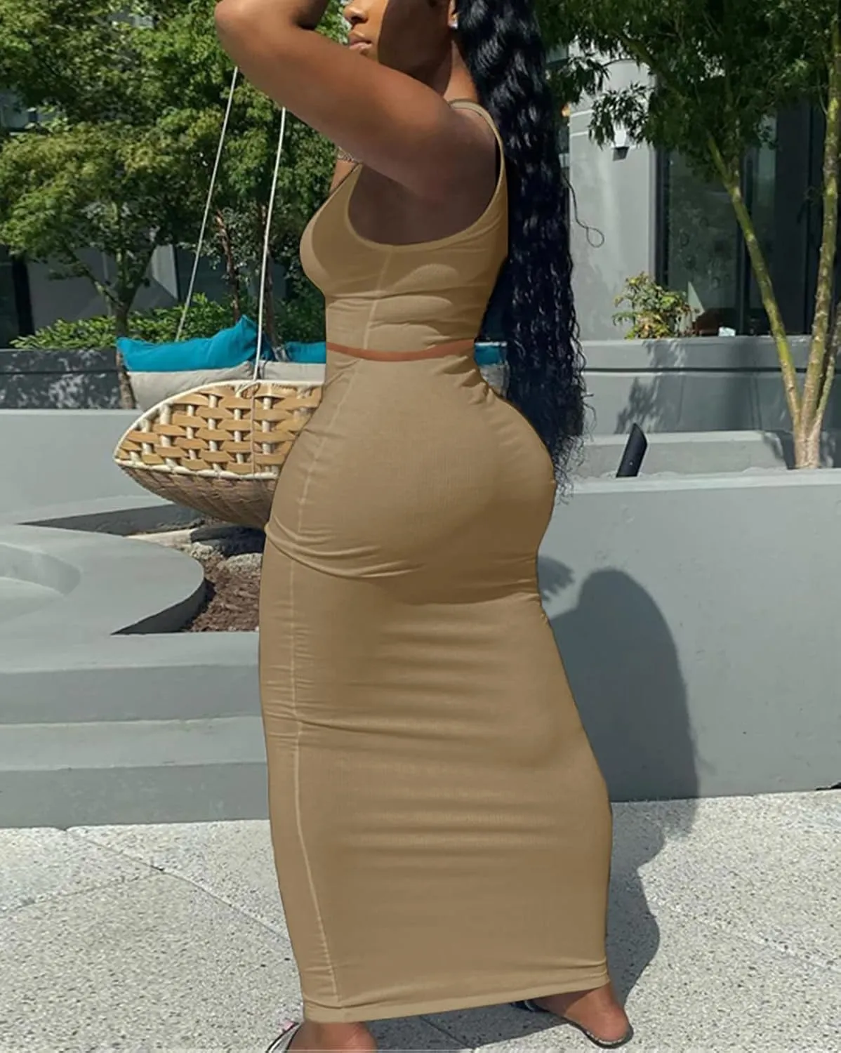 Womens Sexy Summer Scoop Neck Ribbed 2 Piece Outfits Dress Crop Tank Top Maxi Long Skirt Set Beach Party Dress