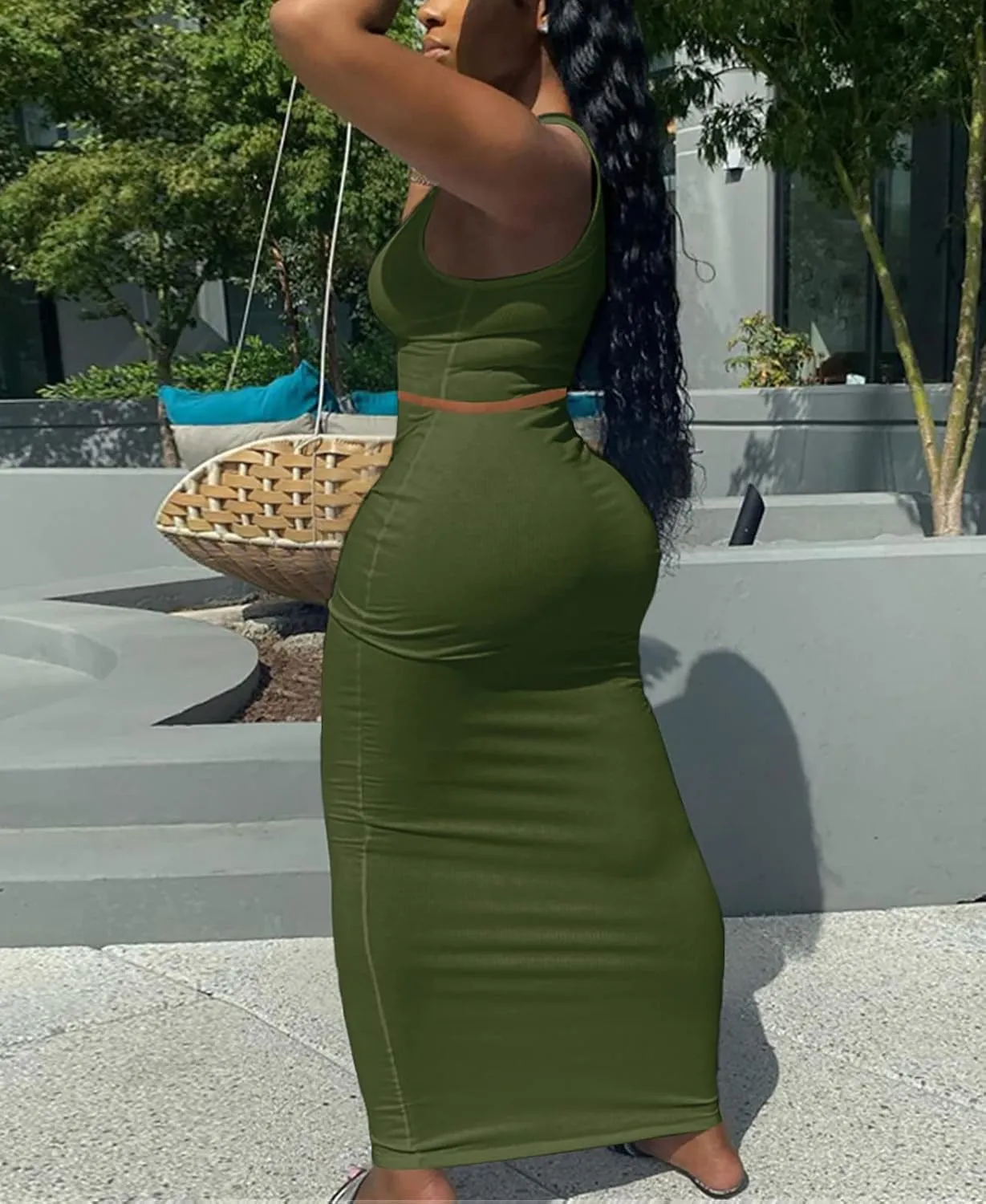 Womens Sexy Summer Scoop Neck Ribbed 2 Piece Outfits Dress Crop Tank Top Maxi Long Skirt Set Beach Party Dress