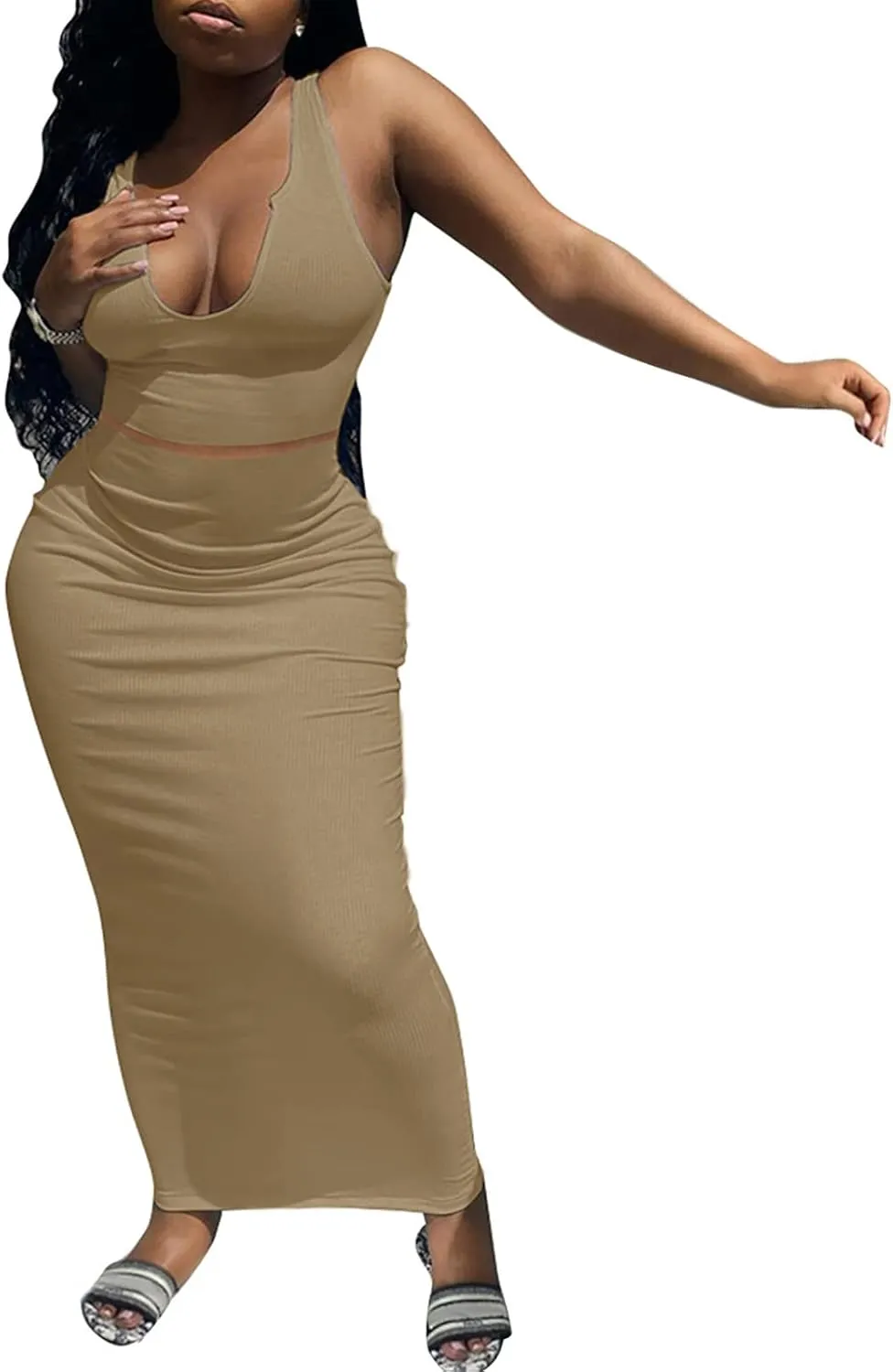 Womens Sexy Summer Scoop Neck Ribbed 2 Piece Outfits Dress Crop Tank Top Maxi Long Skirt Set Beach Party Dress