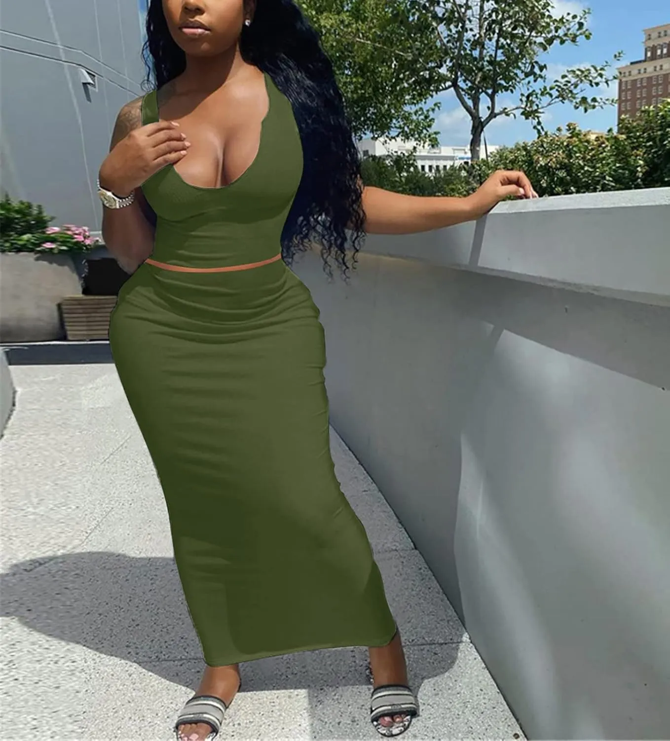 Womens Sexy Summer Scoop Neck Ribbed 2 Piece Outfits Dress Crop Tank Top Maxi Long Skirt Set Beach Party Dress