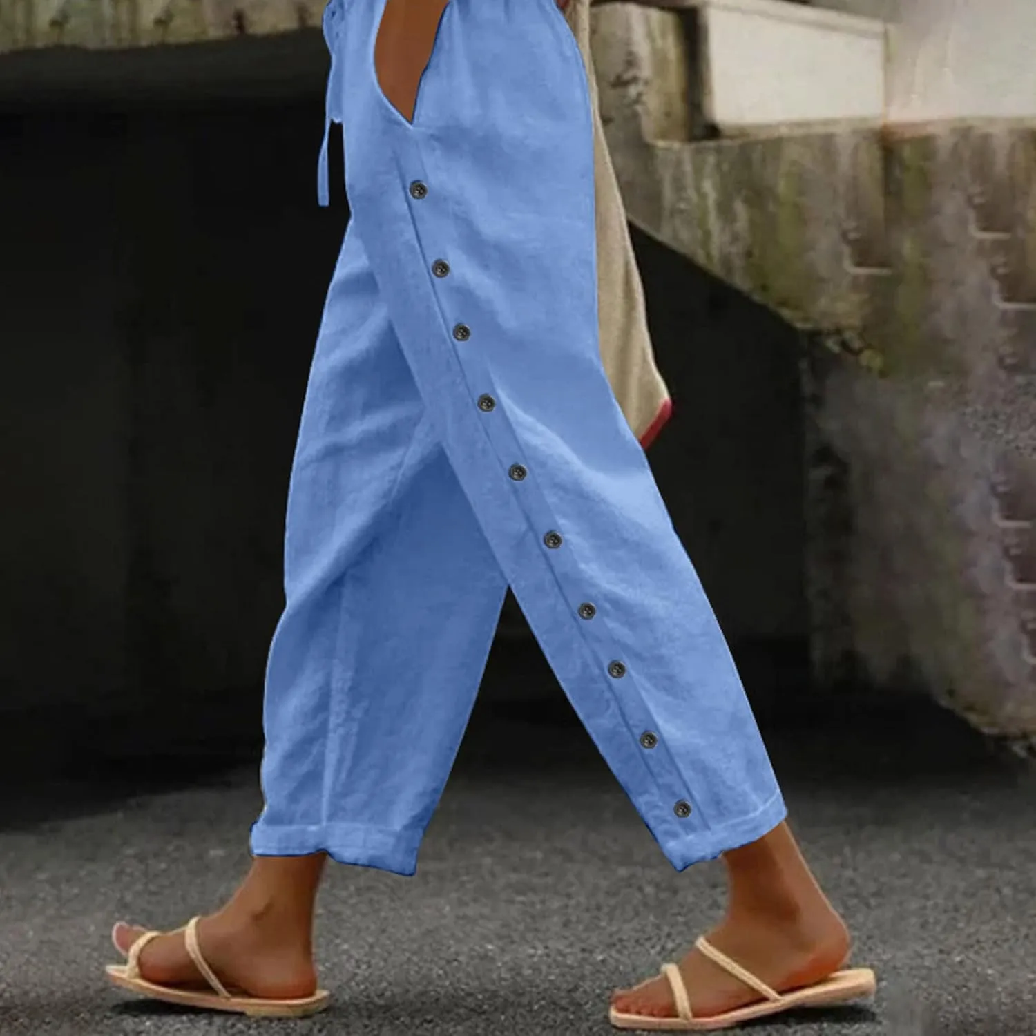 Womens Side Button Linen Pants for Summer Trendy Elastic Waist Straight Leg Loose Casual Cropped Trousers with Pocket