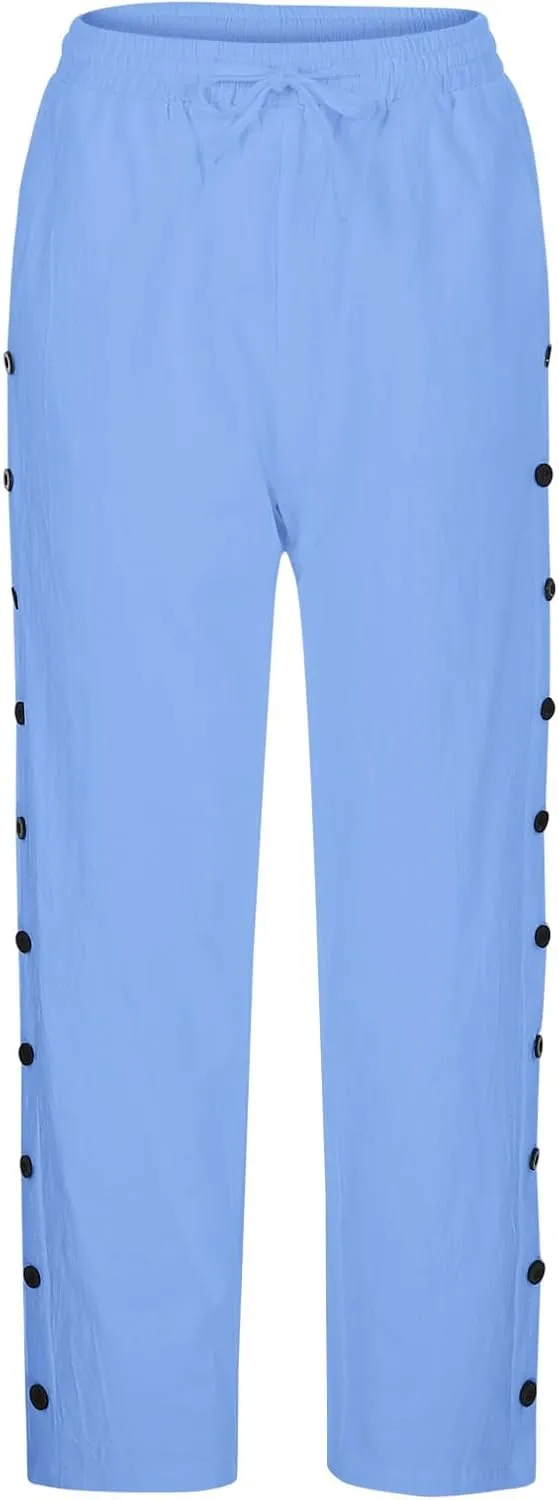 Womens Side Button Linen Pants for Summer Trendy Elastic Waist Straight Leg Loose Casual Cropped Trousers with Pocket