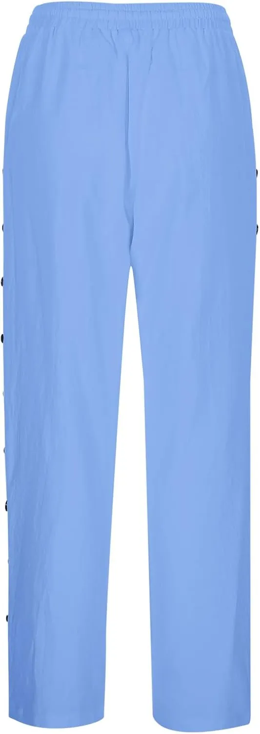 Womens Side Button Linen Pants for Summer Trendy Elastic Waist Straight Leg Loose Casual Cropped Trousers with Pocket
