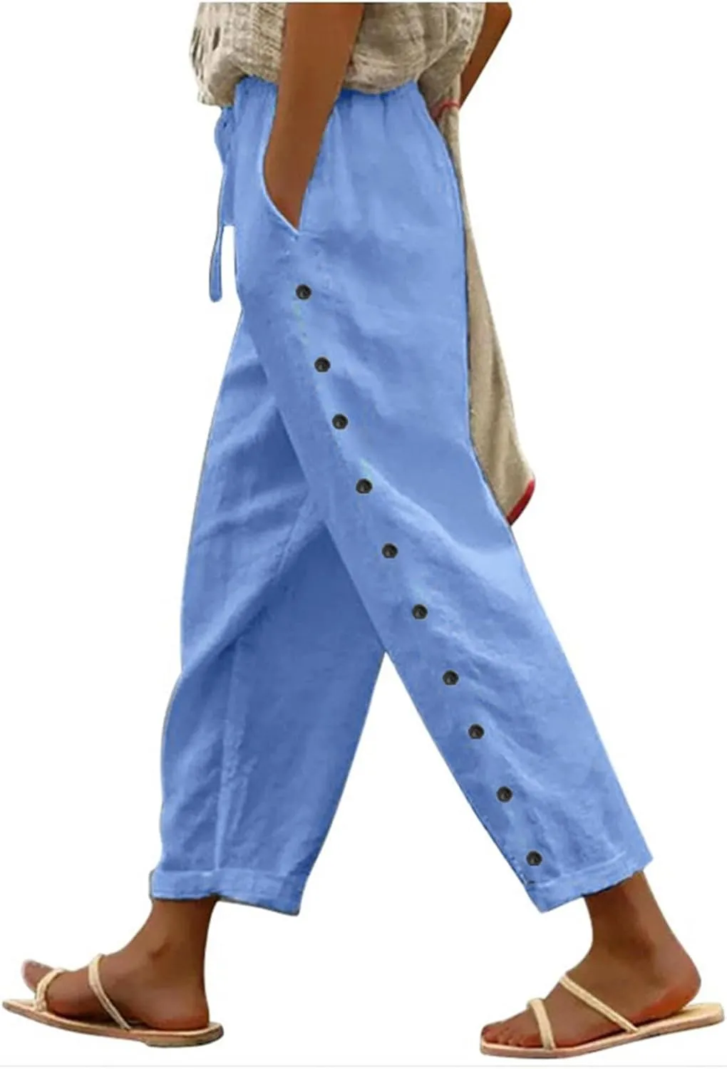 Womens Side Button Linen Pants for Summer Trendy Elastic Waist Straight Leg Loose Casual Cropped Trousers with Pocket
