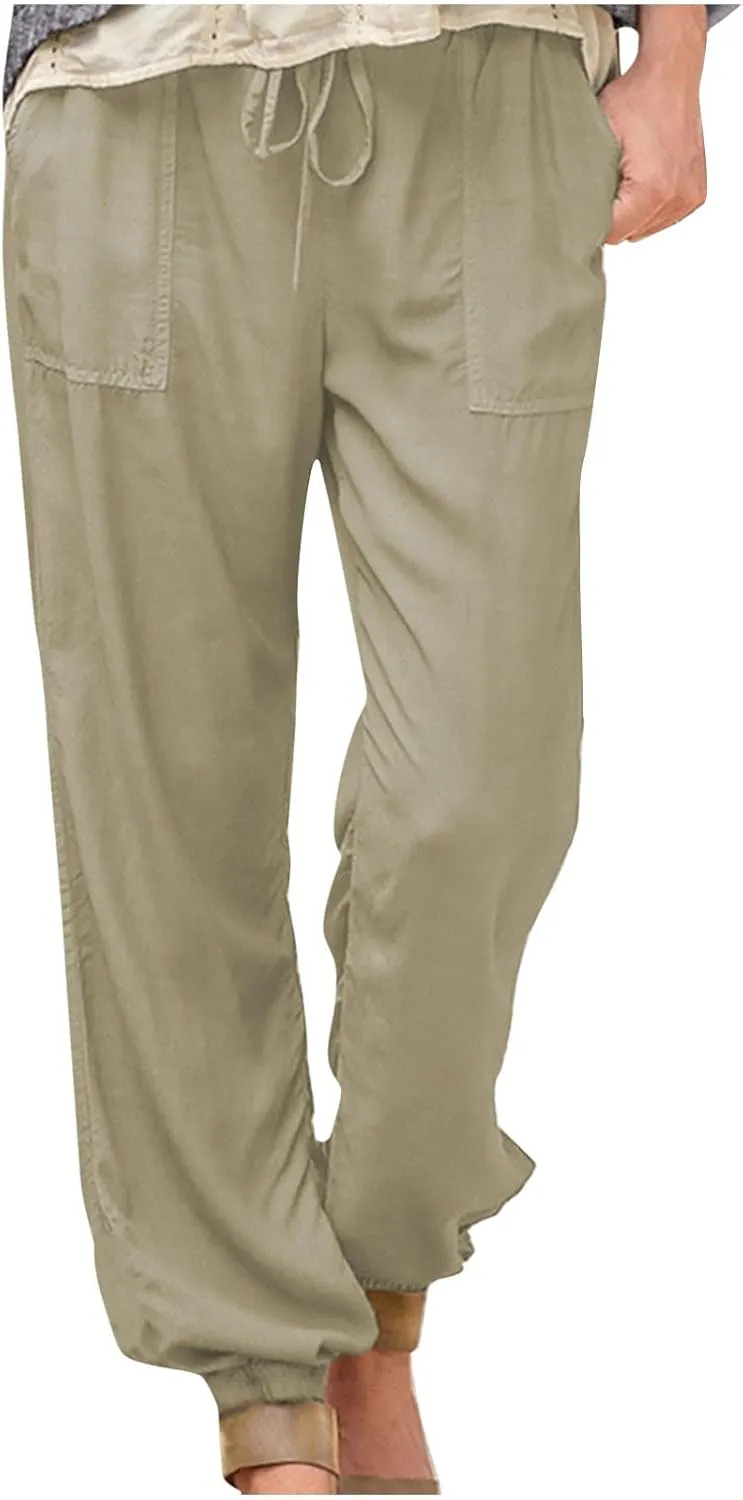 Women's Solid Cotton Linen Long Pants - Drawstring Waist Tapered Straight Leg Casual Loose Fit Trousers 2025 Summer