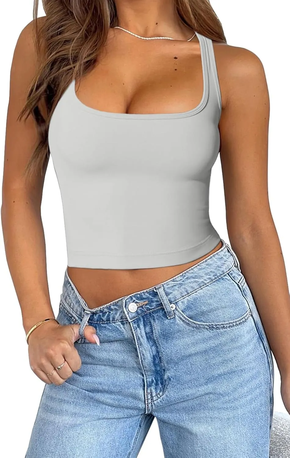 Womens Solid Square Neck Sleevless Crop Tops Summer Casual Basic Racerback Tank Tops