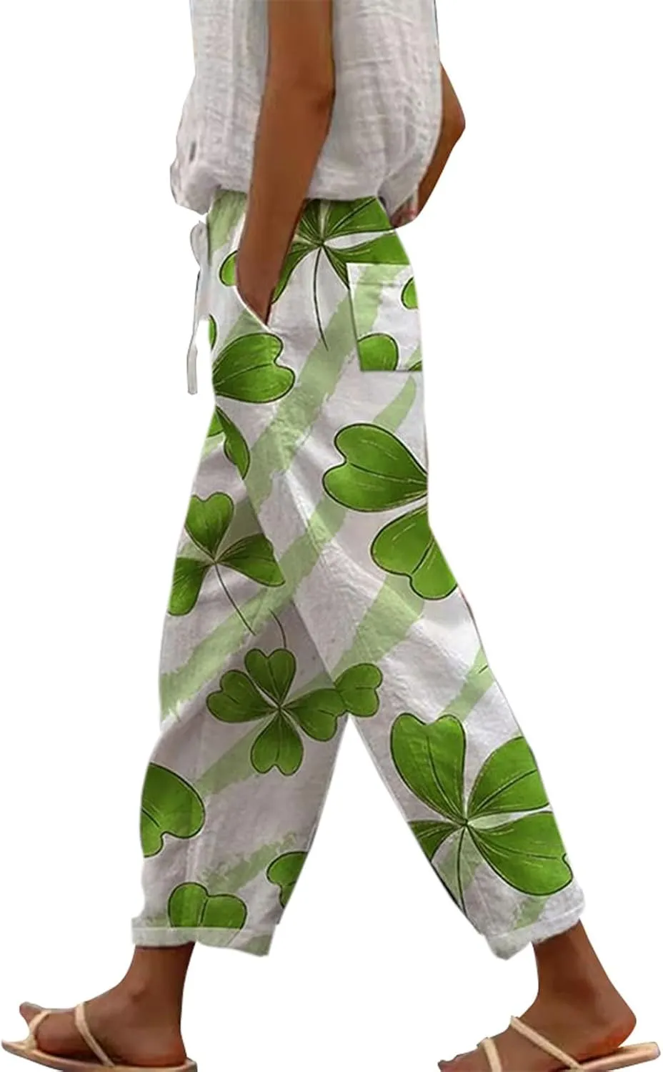Women's Solid Striped Linen Capris Pants Spring Flowy Beach Trousers Outfits Linen Crop Pants for Women Casual