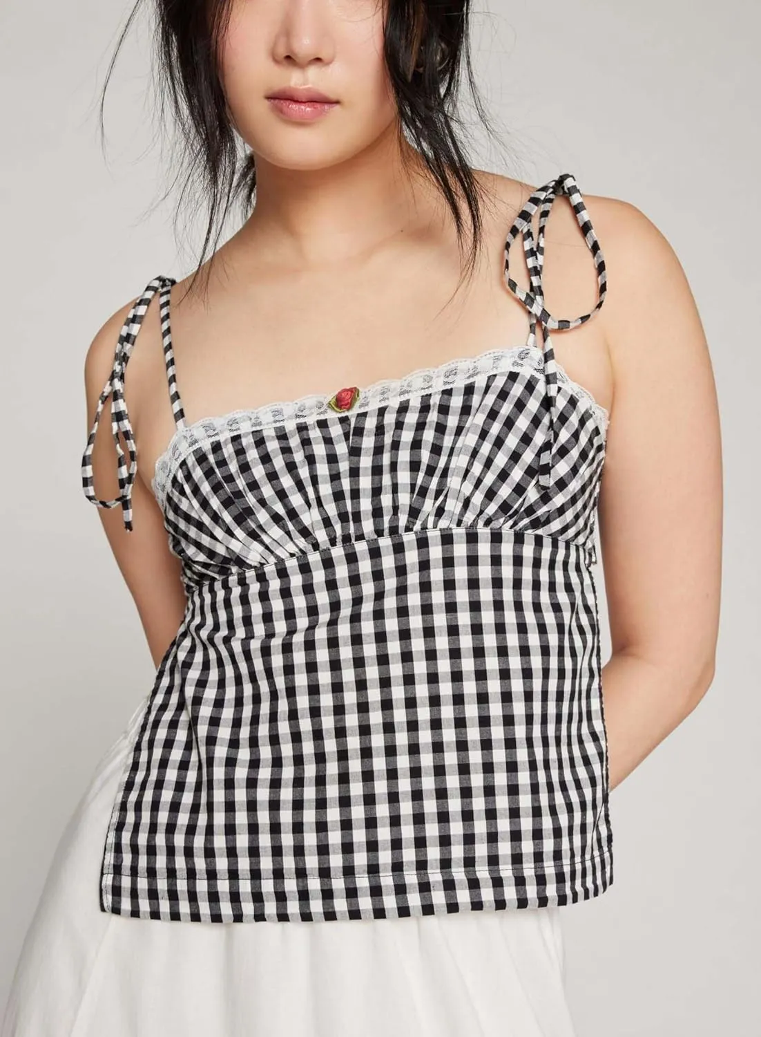 Womens Square Neck Gingham Camisole Summer Spaghetti Strap Backless Cami Shirt Y2k Peplum Babydoll Crop Tank Tops