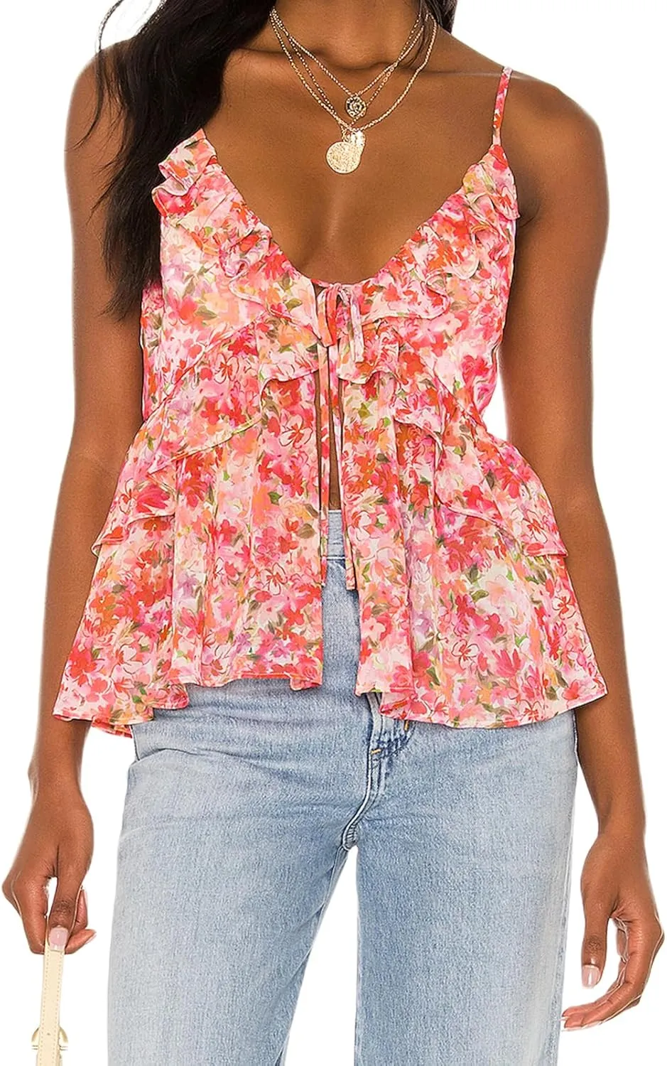 Women's Summer Camisoles Tank Tops V Neck Spaghetti Straps Floral Pattern Ruffled Going Out Tops