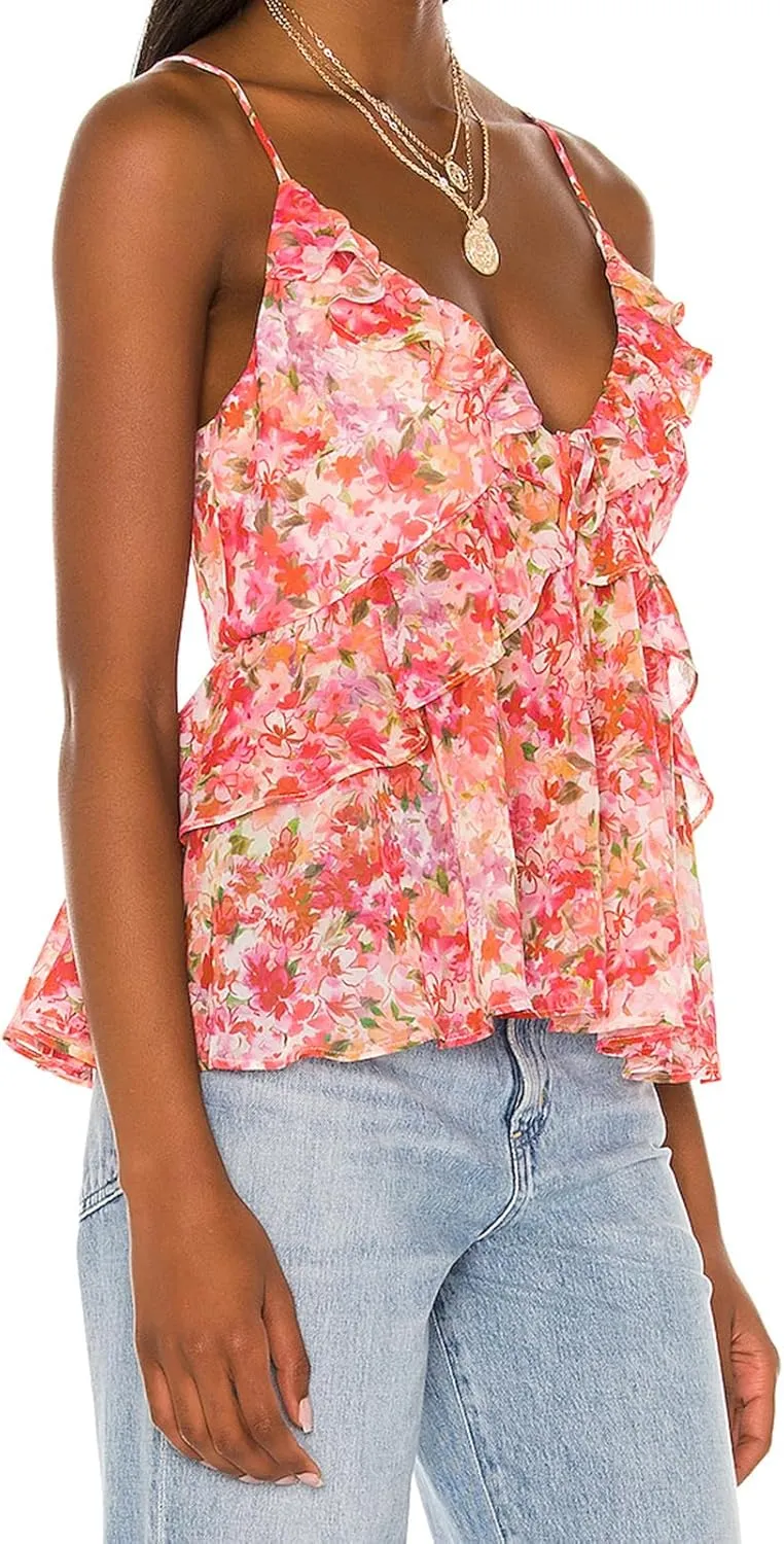 Women's Summer Camisoles Tank Tops V Neck Spaghetti Straps Floral Pattern Ruffled Going Out Tops