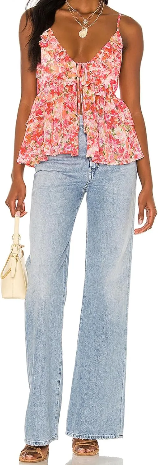 Women's Summer Camisoles Tank Tops V Neck Spaghetti Straps Floral Pattern Ruffled Going Out Tops