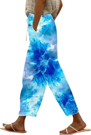 Women's Summer Casual Linen Pants Capri Pants with Pockets Wide Leg Cropped Pants for Women Crop Beach Trousers