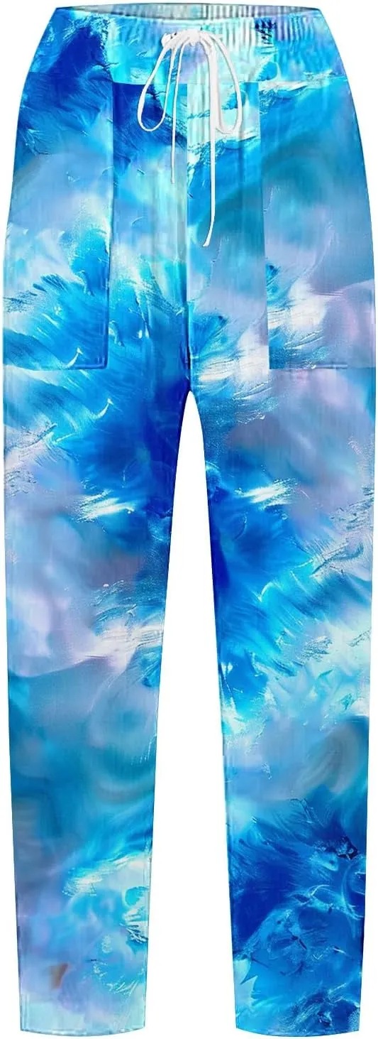 Women's Summer Casual Linen Pants Capri Pants with Pockets Wide Leg Cropped Pants for Women Crop Beach Trousers