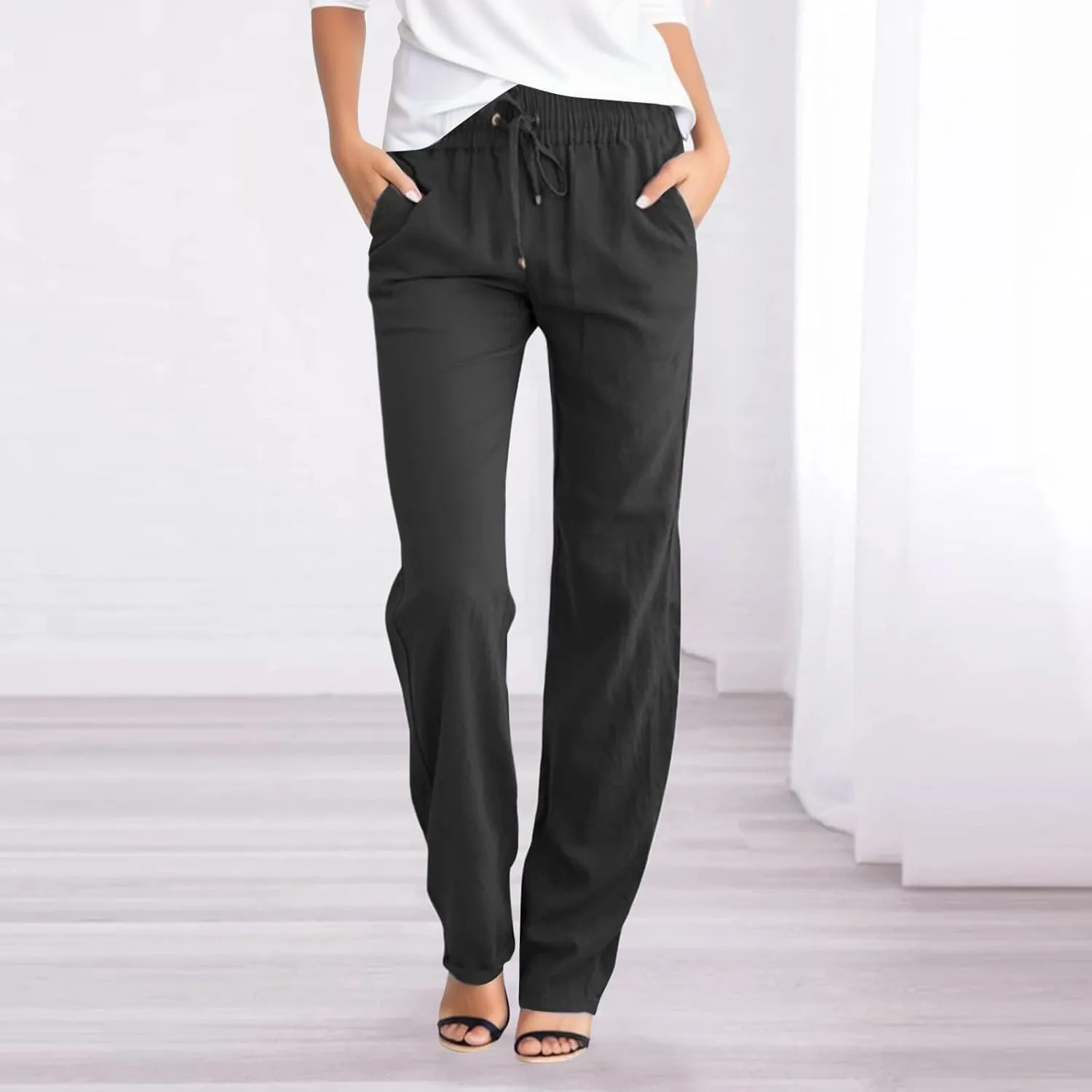 Women's Summer Casual Linen Pants Elastic Waist Drawstring Solid Lounge Trousers Soft Lightweight Straight Leg Pants
