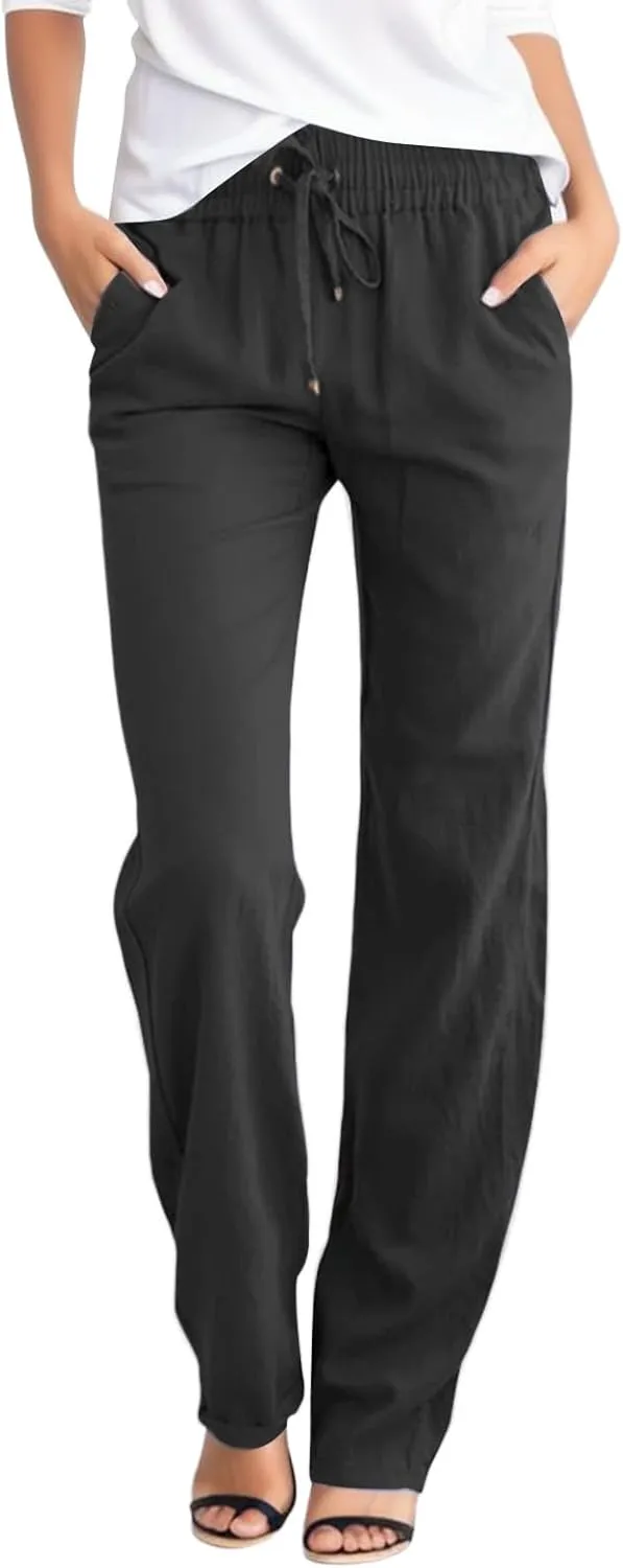 Women's Summer Casual Linen Pants Elastic Waist Drawstring Solid Lounge Trousers Soft Lightweight Straight Leg Pants