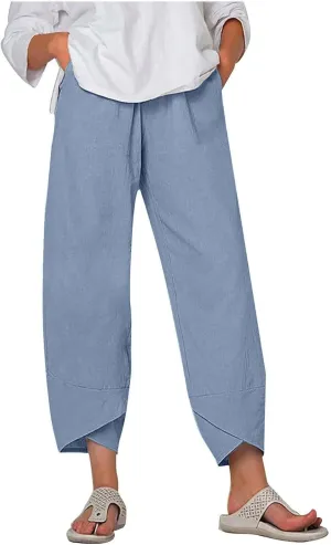 Women's Summer Cotton Linen Capri Pants Casual High Waist Cropped Trouser Tapered Leg Sweatpants Loose Workout Pants