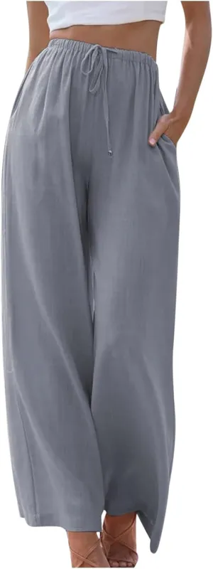 Womens Summer Linen Palazzo Pants Causal Elastic High Waist Flowy Wide Leg Pant Trousers Resort Wear Outfits 2024