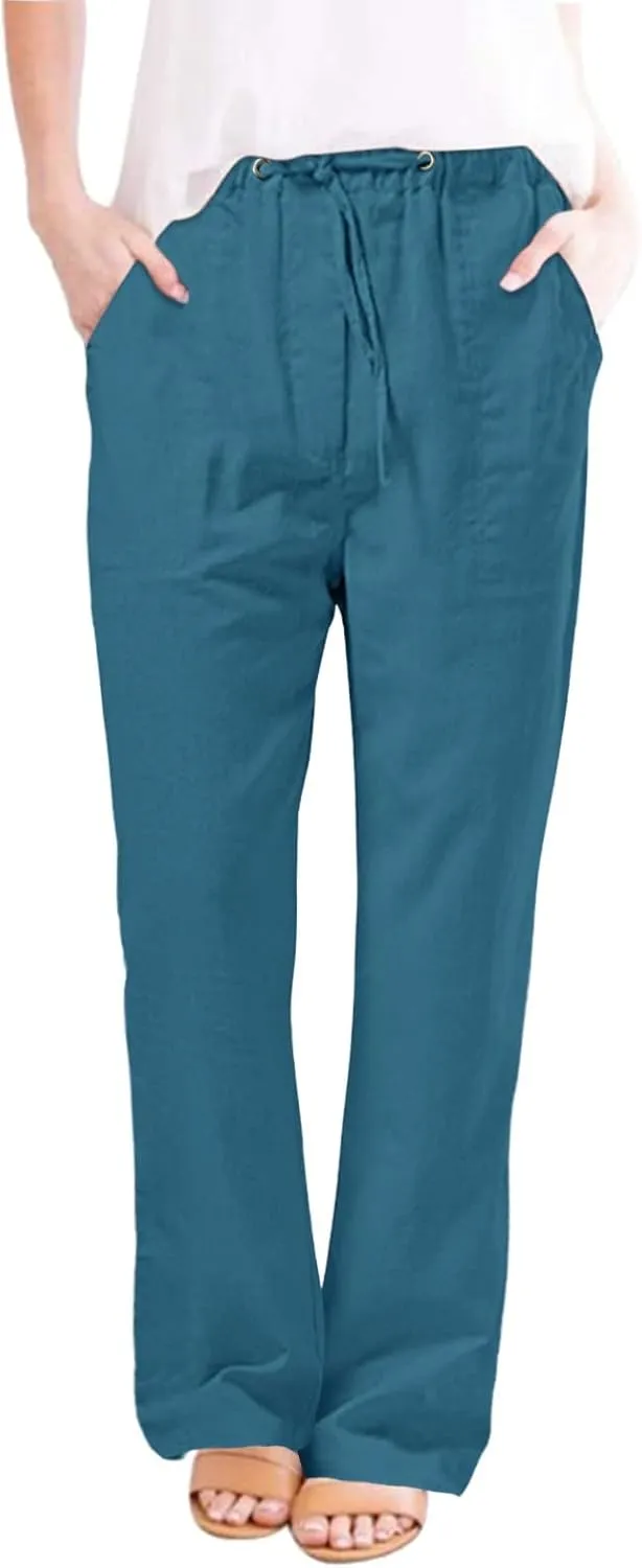 Womens Summer Linen Pants Casual High Waisted Loose Lightweight Pants Wide Leg Slacks Baggy Drawstring Stretchy Trousers