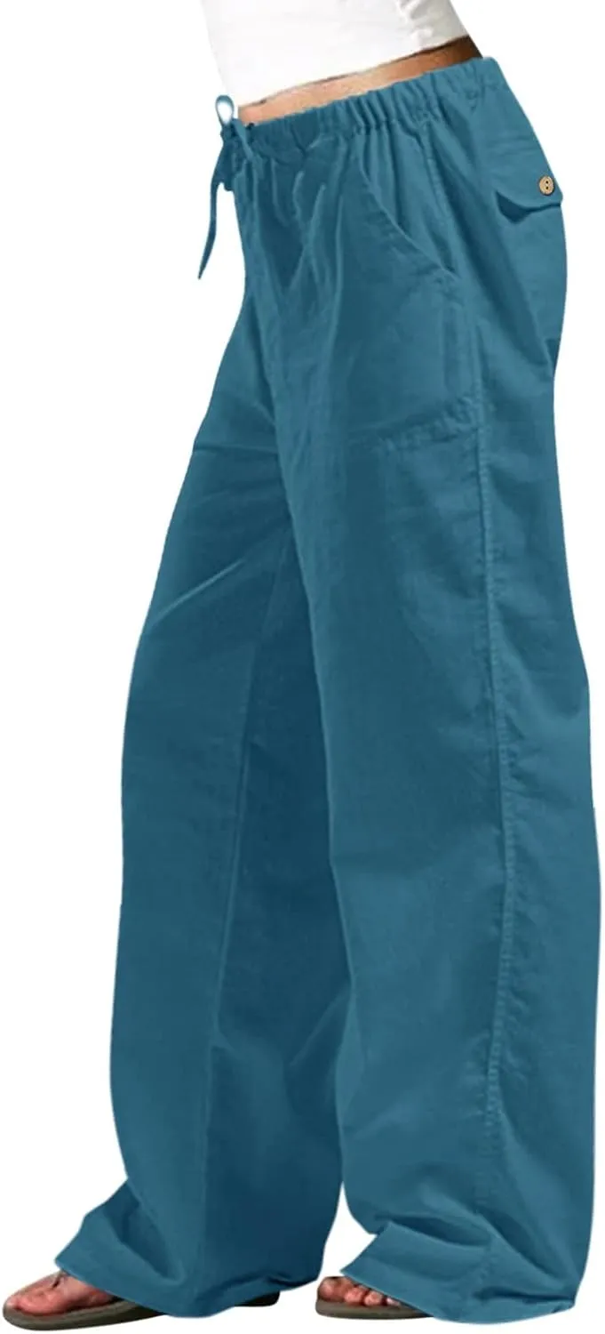 Womens Summer Linen Pants Casual High Waisted Loose Lightweight Pants Wide Leg Slacks Baggy Drawstring Stretchy Trousers