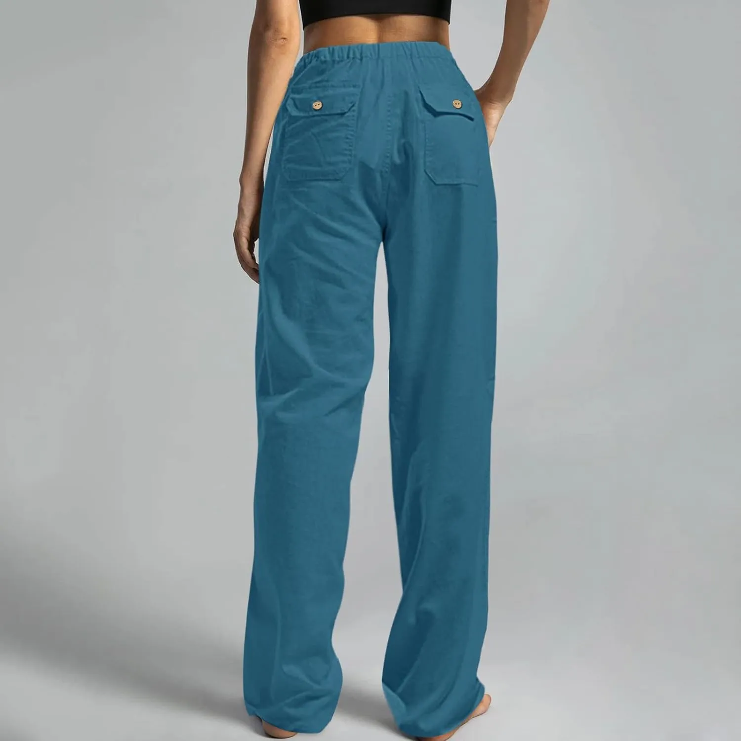 Womens Summer Linen Pants Casual High Waisted Loose Lightweight Pants Wide Leg Slacks Baggy Drawstring Stretchy Trousers