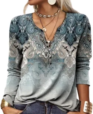 Womens Tops Dressy Casual Button Up Shirt Boho Floral Print Blouse 2025 Summer Clothes V-Neck Long Sleeve Shirts