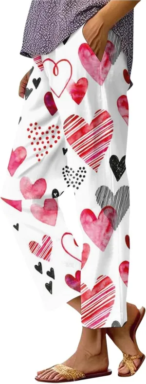 Women's Valentine's Day Cotton Linen Pants Casual Loose Pant Vacation High Waist Wide Leg Trousers Vacation Outfits