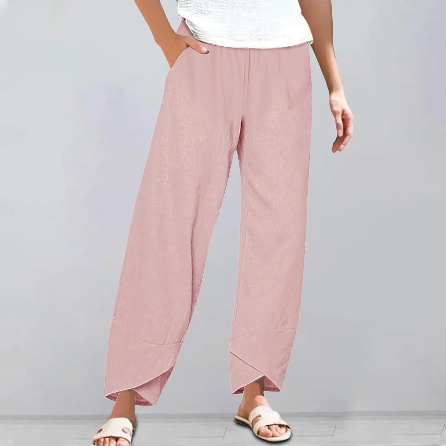 Women's Wide Leg Pants with Pockets Work Pants with Pockets Elastic High Waist Paper Summer Boho Wide Leg High Waist